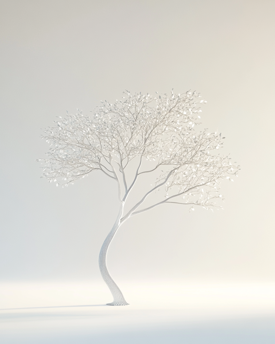 Plastic tree in empty space, white background, elegant design.