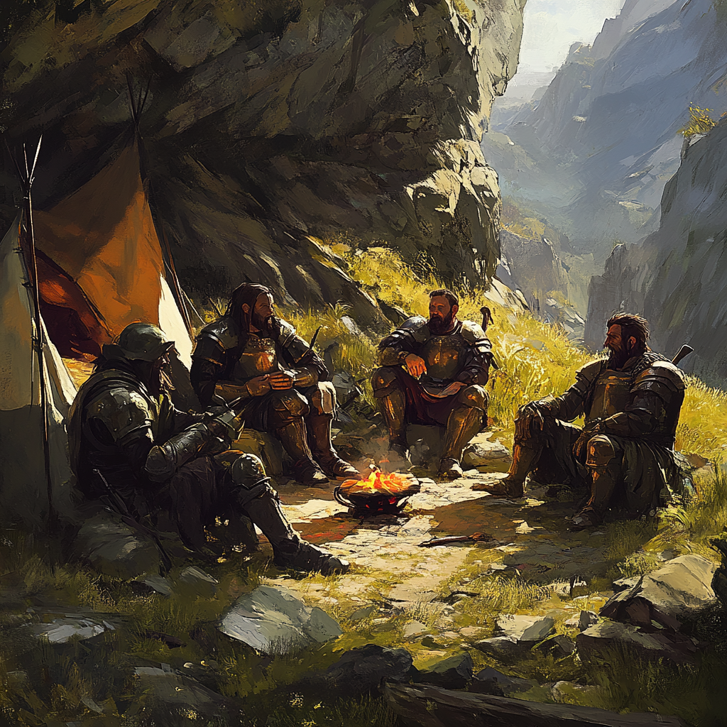 Platemail mercenaries at campsite on cliff edge. Sunset ambiance.