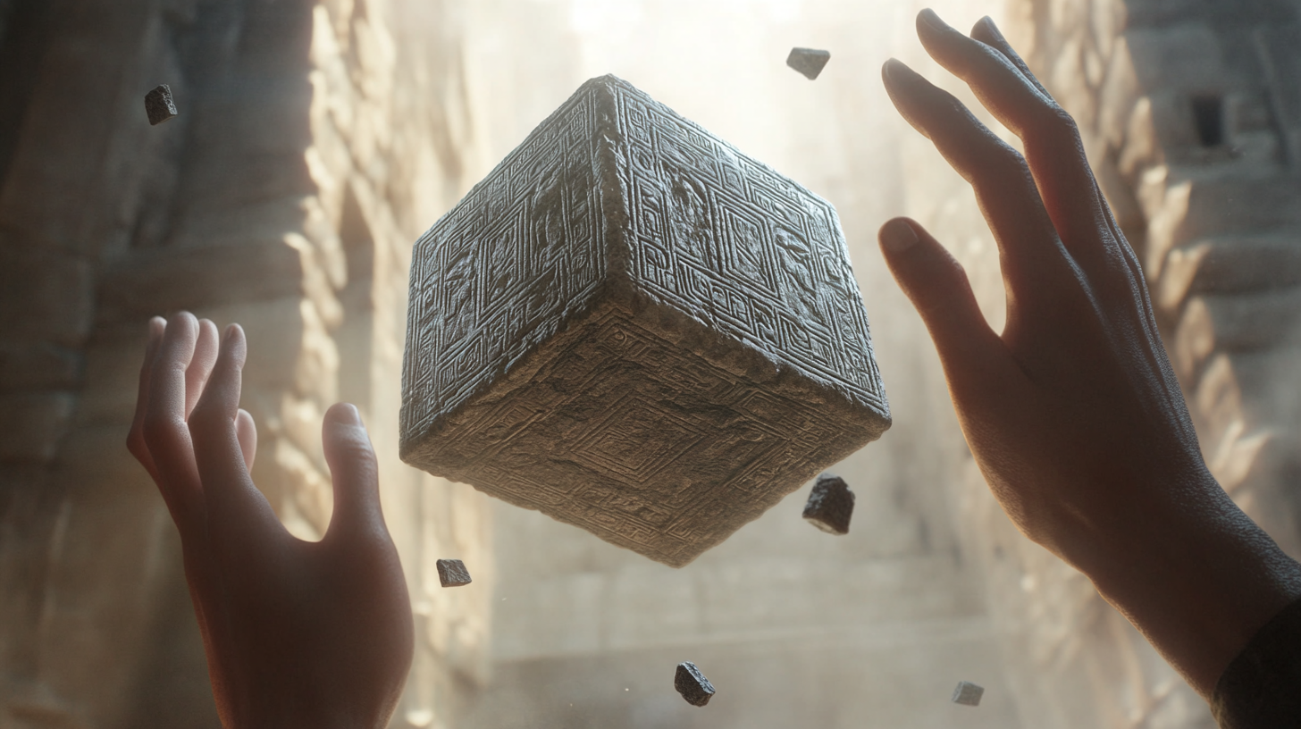 Player solving 3D puzzle in Sumerian artifact setting.