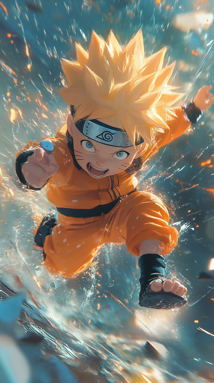 Playful Baby Naruto in energetic battle with chakra trails.