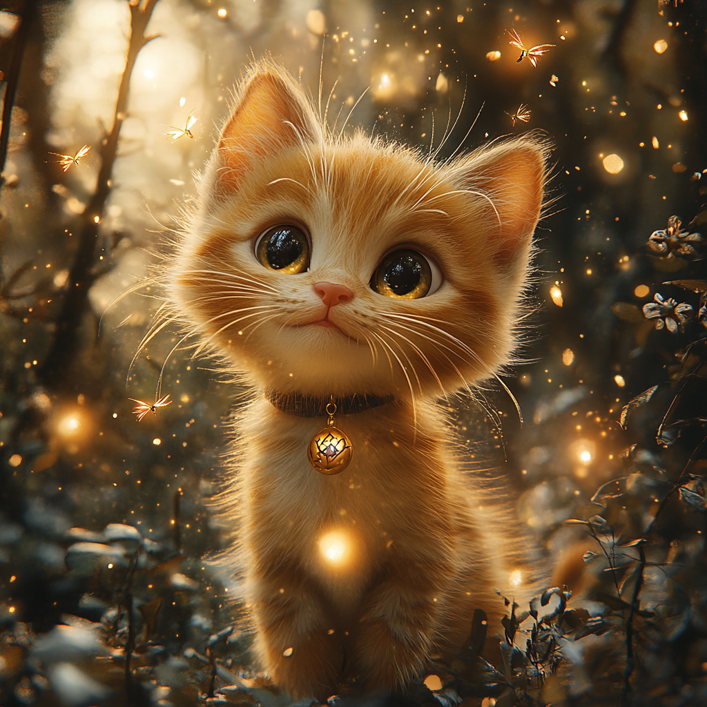 Playful Orange Cat Chasing Fireflies in Misty Forest