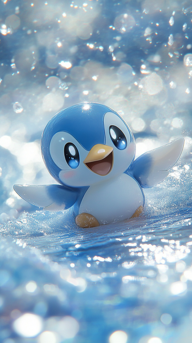 Playful Piplup sliding on ice, joyful and vibrant.