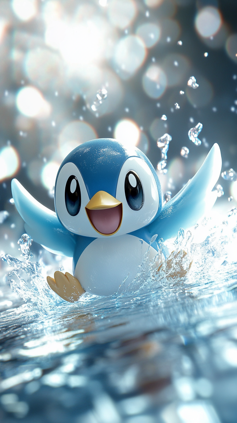 Playful Piplup sliding on shimmering ice with joy.