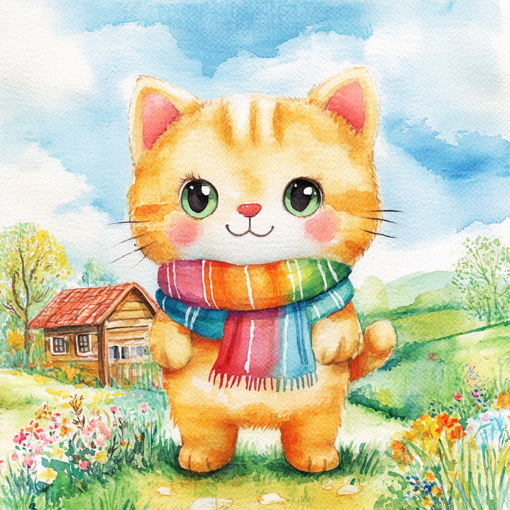 Playful Watercolor Cat in Romanian Countryside