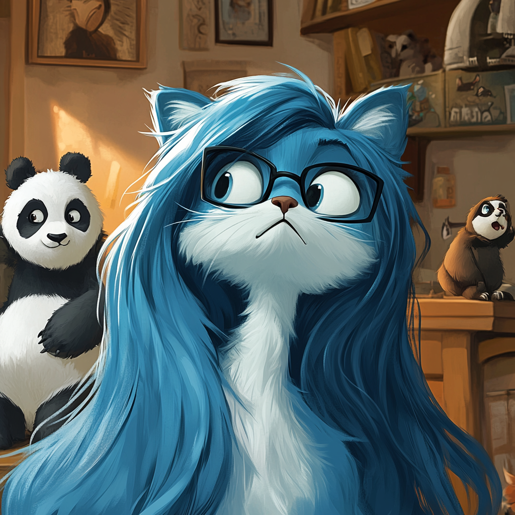 Playful cartoon of blue cat, sloth, panda cub.