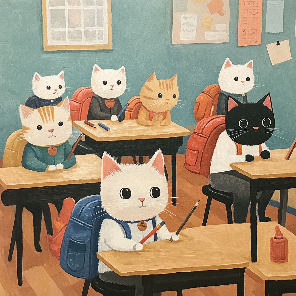 Playful cats in school with backpacks, desks, pencils