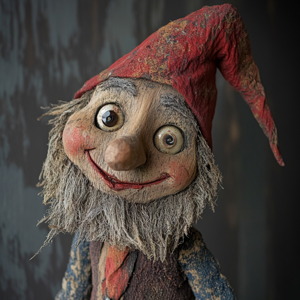 Playful handmade gnome puppet with colorful attire and accessories.