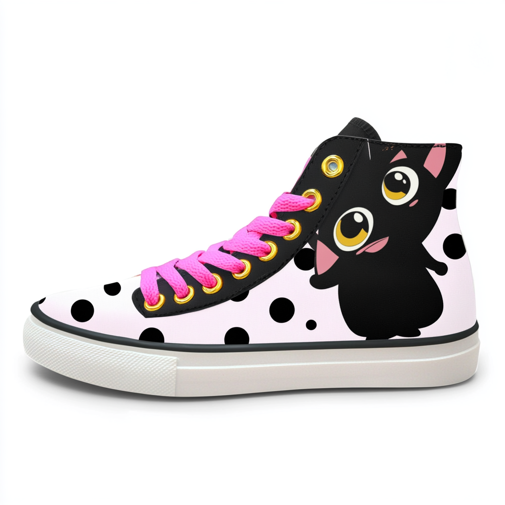 Playful high-top sneakers with cat design, pink laces