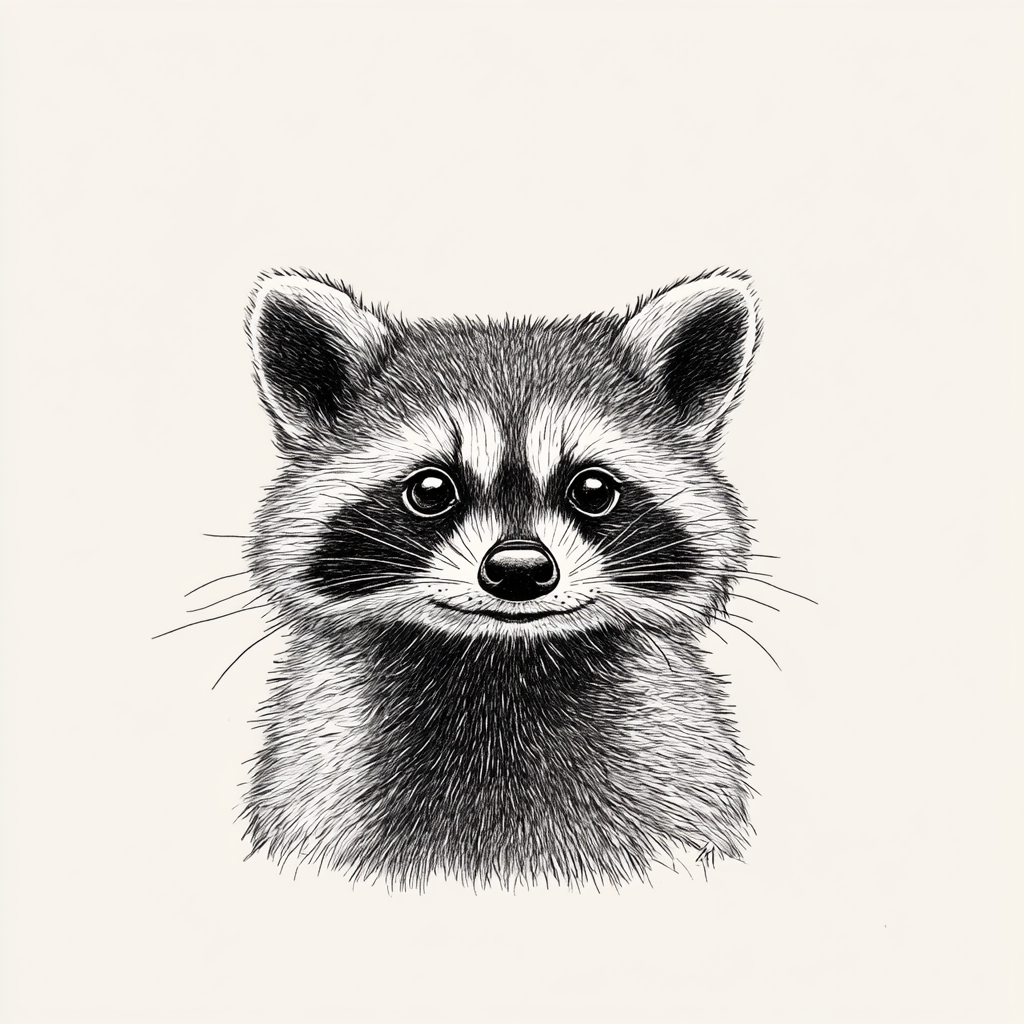 Playful raccoon in black and white line art