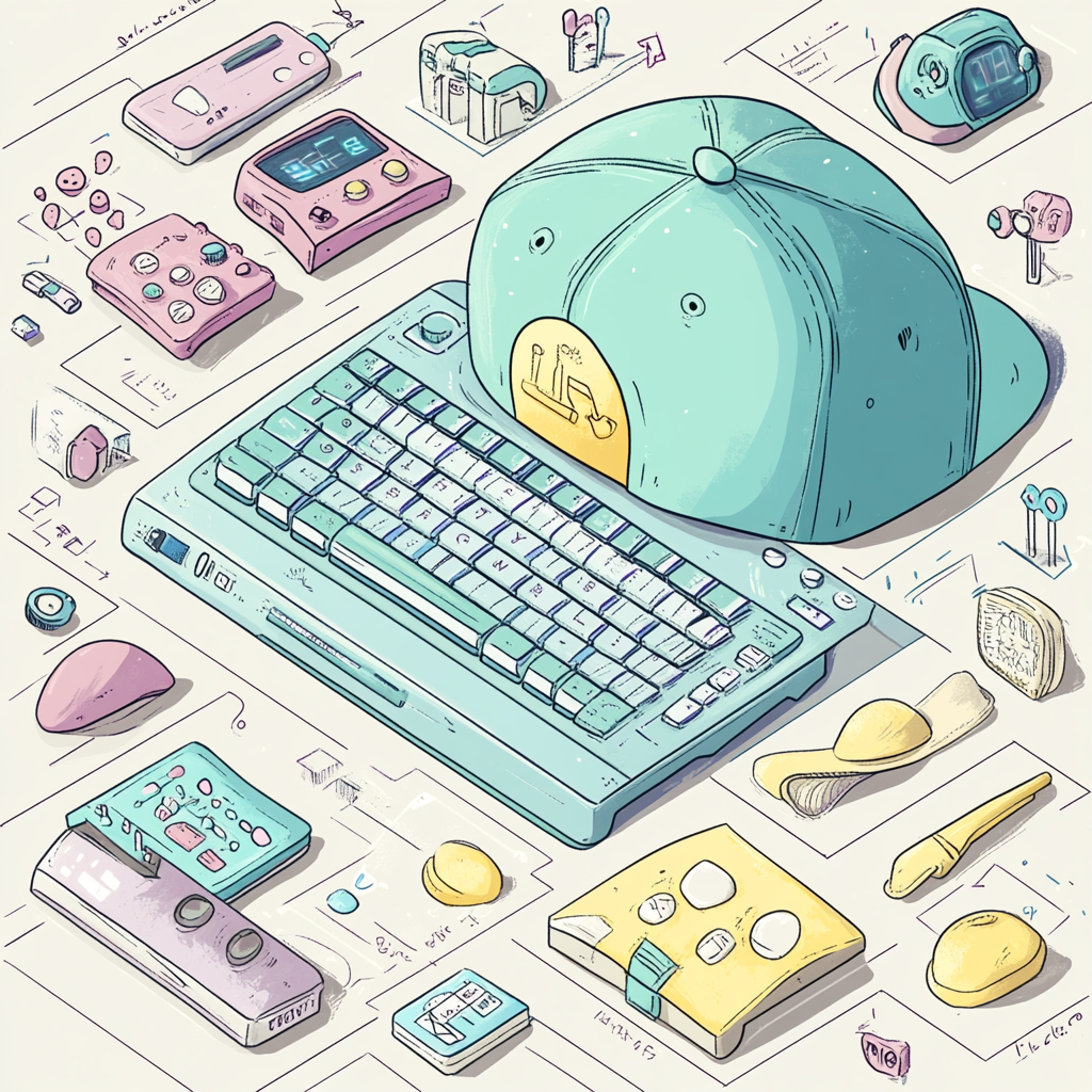 Playful tech illustration with retro gadget and fashion cap.