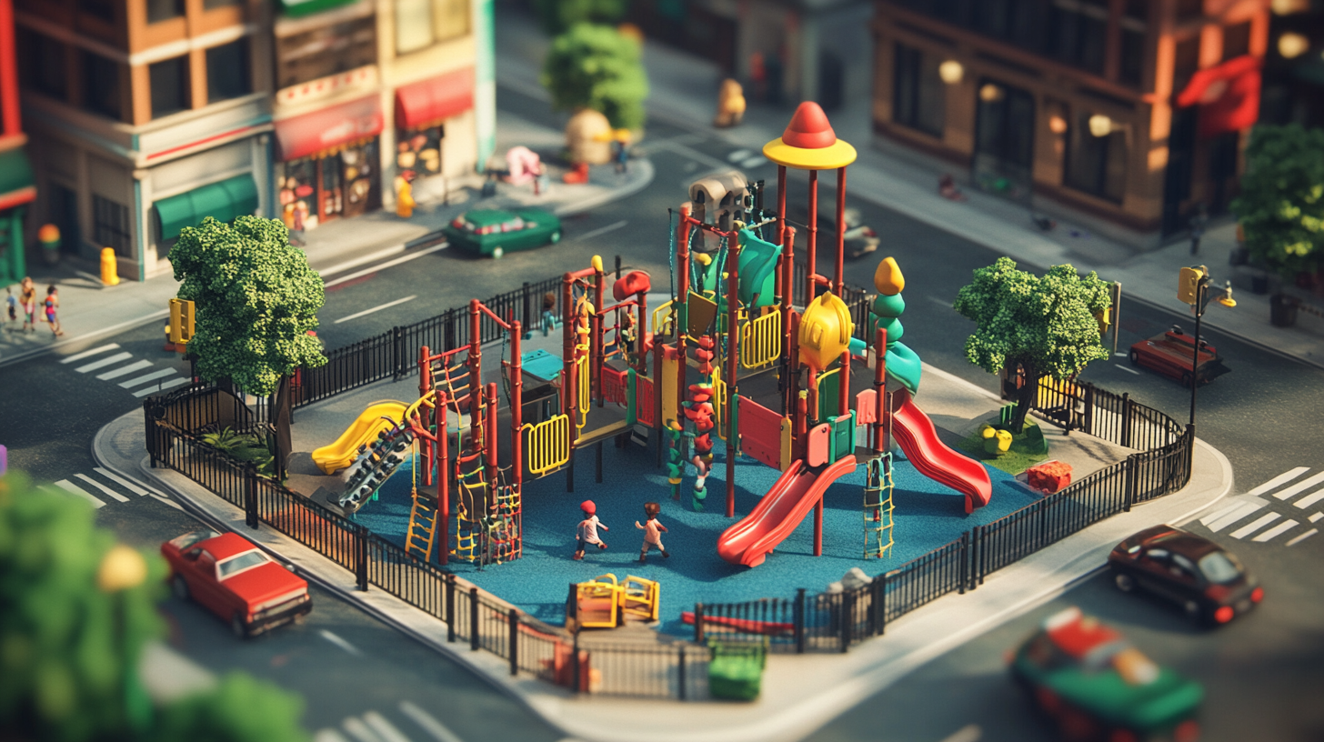 Playground in Busy City with Colorful Jungle Gym