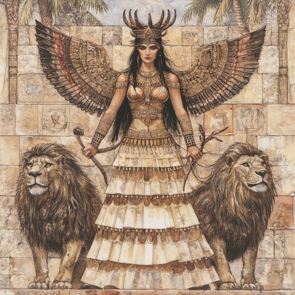 Playing card: Ishtar, Mesopotamian goddess with crown and wings