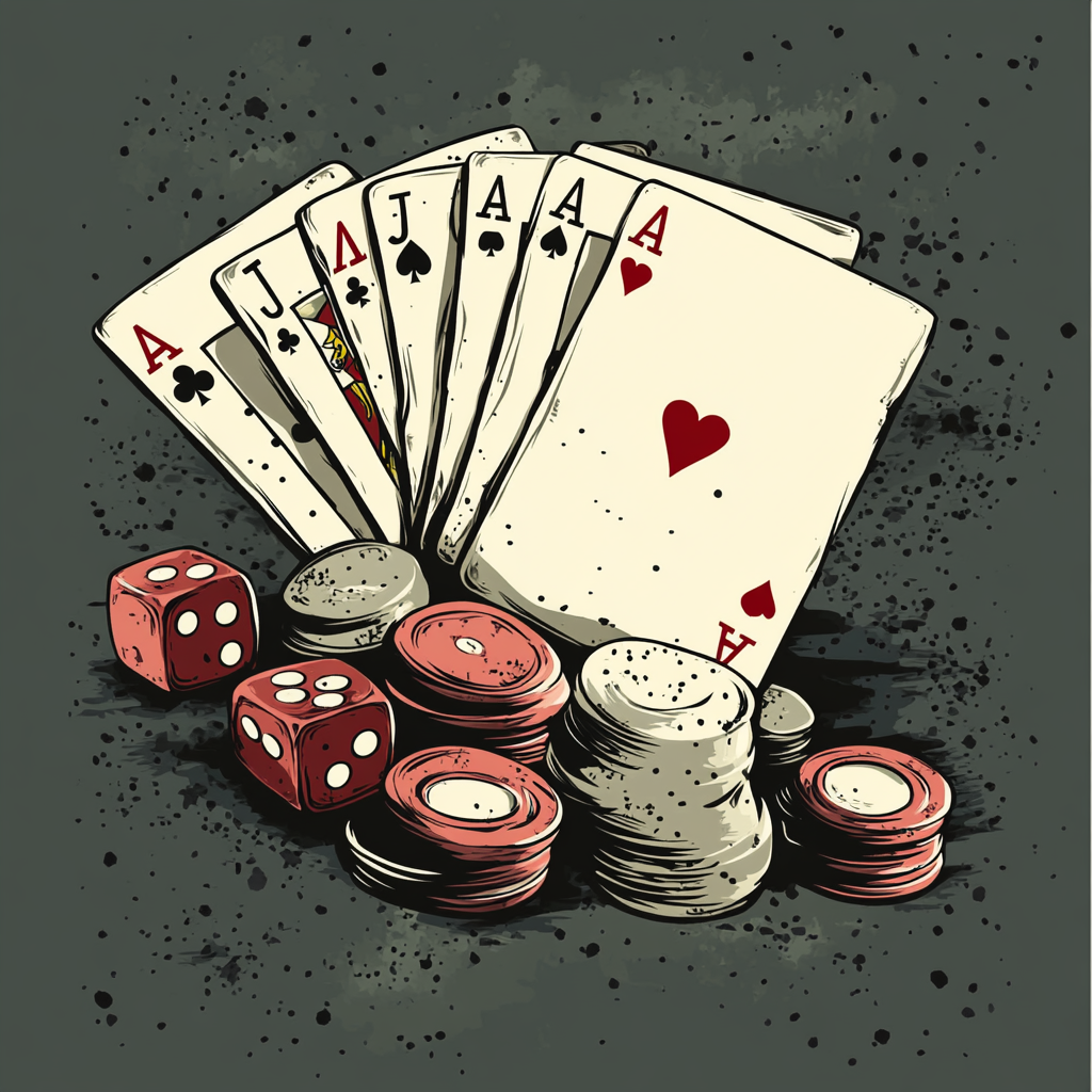 Playing cards, dice, poker chips vector illustration.