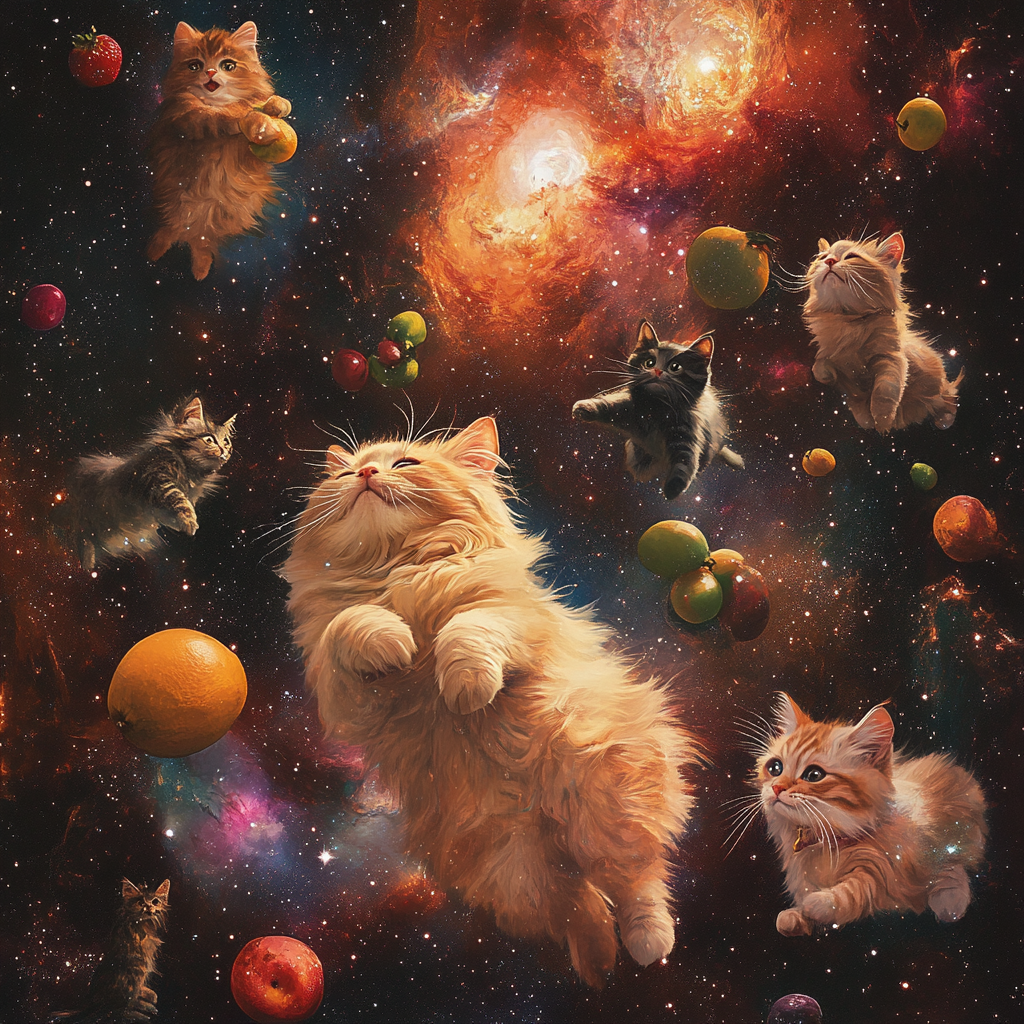 Plump cats and fruits floating in space. Galaxies, stars.