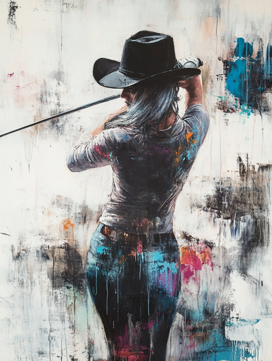 Plus-Sized Woman Swinging Golf Club in Painting