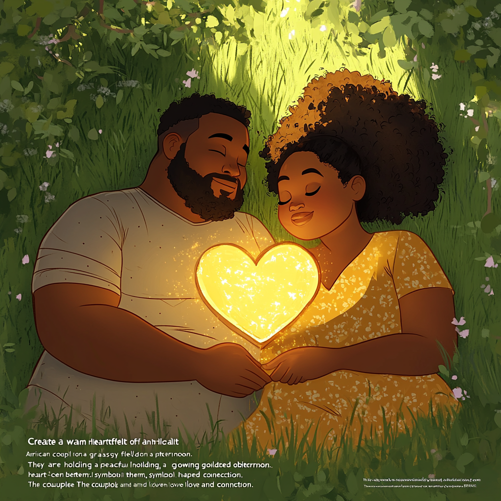 Plus-sized African American couple with glowing heart outdoors 