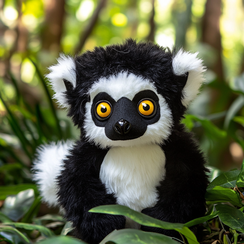 Plush Black-and-White Ruffed Lemur Toy in Madagascar Forest