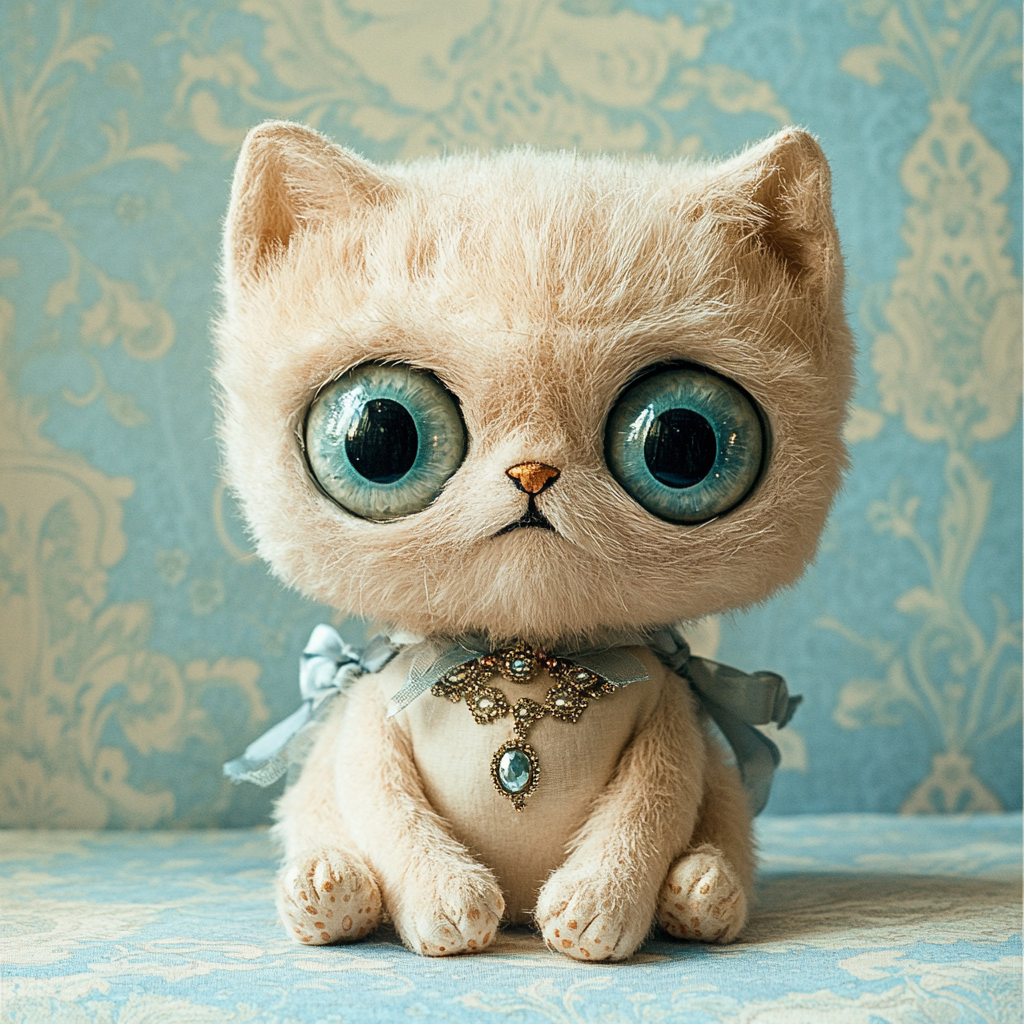 Plush two-headed cat toy with jeweled collar sits.