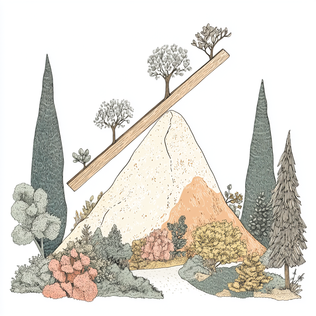 Pointy mountain with trees, wooden lever in balance.