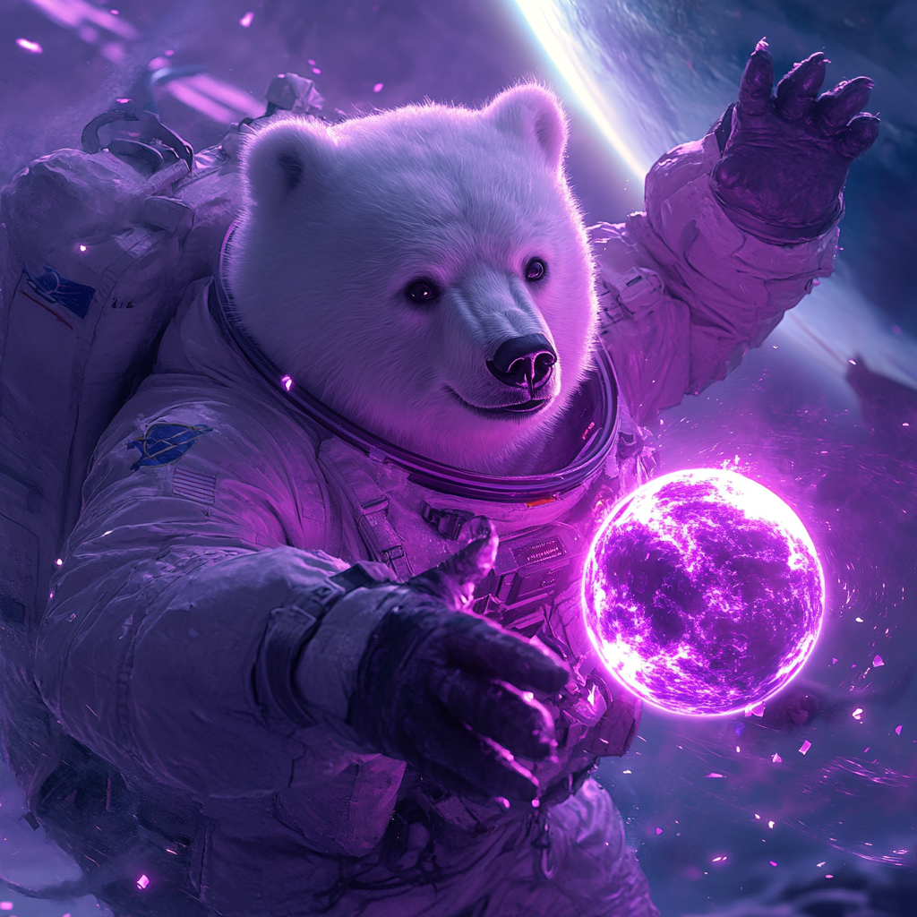 Polar Bear Astronaut Floating in Space with Magic Sphere