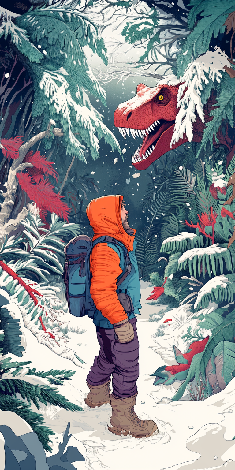 Polar explorer in winter clothes surprised in a dinosaur forest.