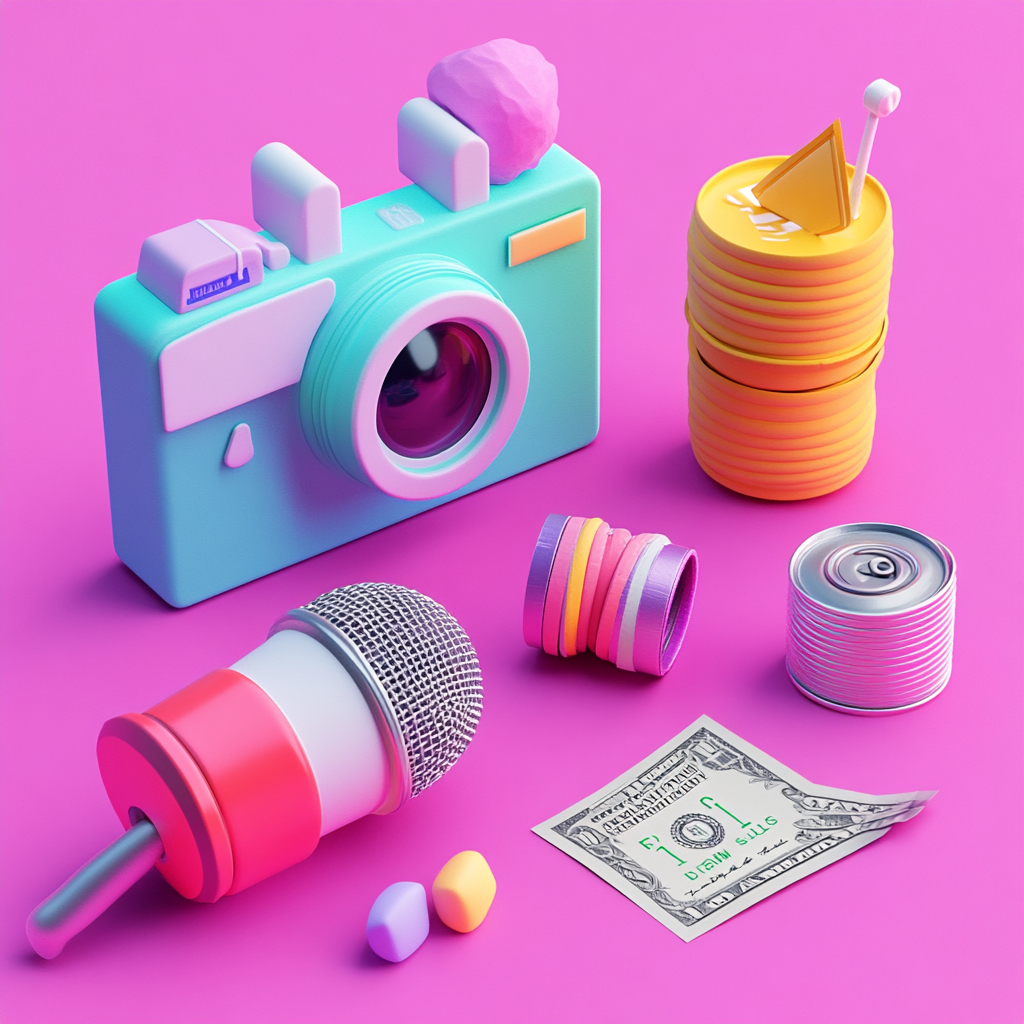 Polaroid, cash, microphone, lollipop, can pull tab icons