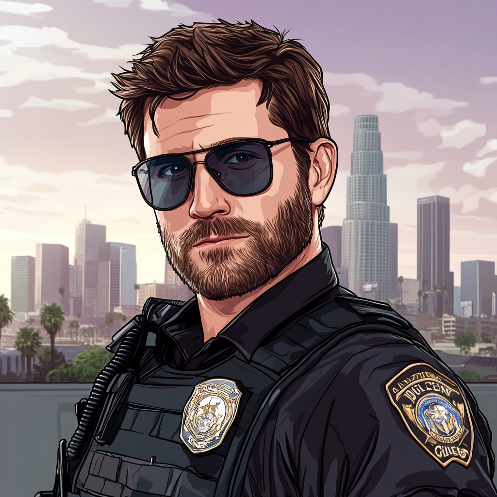 Police Officer in LA Skyline, Cartoon Style