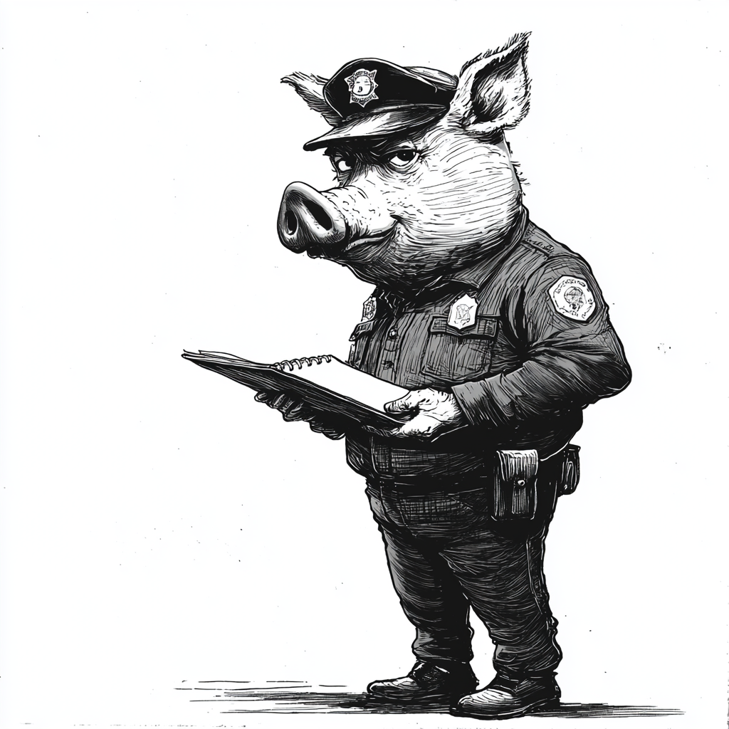 Police Officer with Pig's Snout Taking Notes