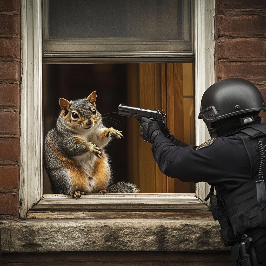 Police hold squirrel; cat watches from window.