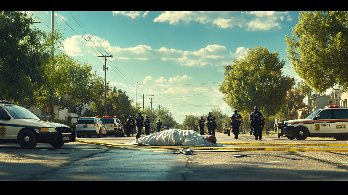 Police murder crime scene with caution tape and officers.