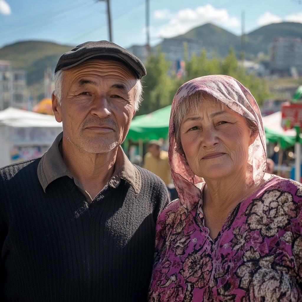 Polish couple exploring sunny Almaty with green bazar.