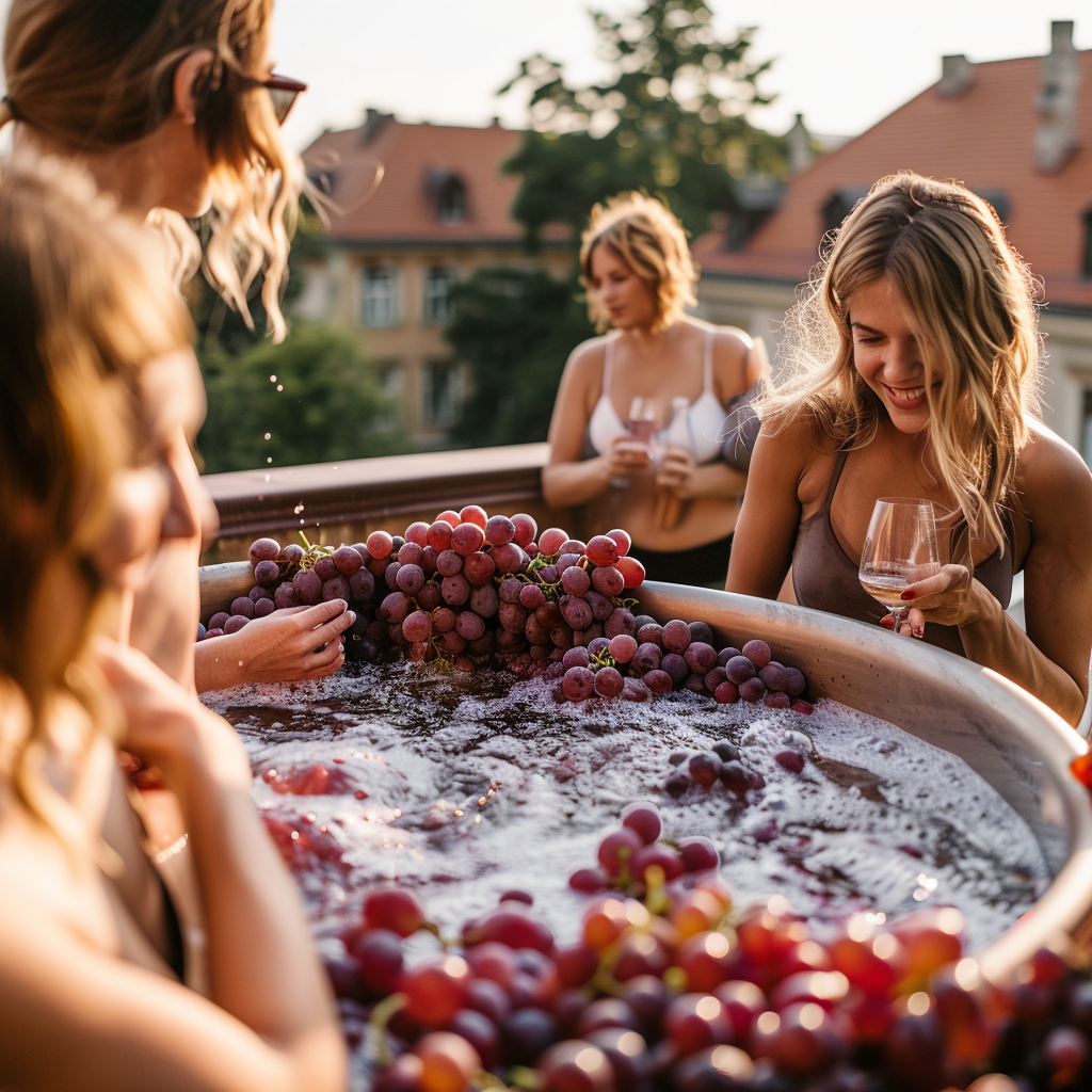 Polish people on terrace in Poland, making red wine.