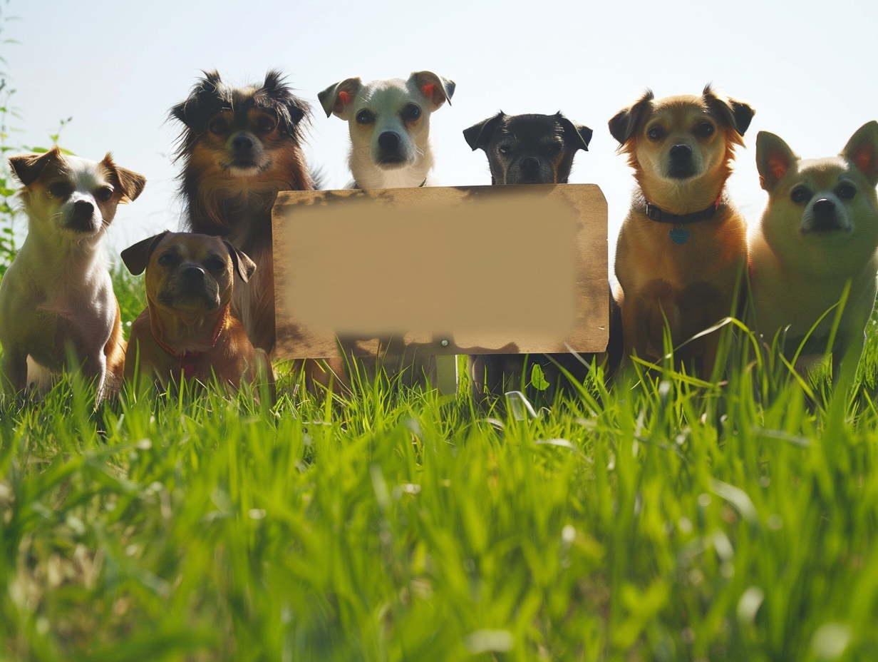 Political campaign sign in grass, six dogs lined up.