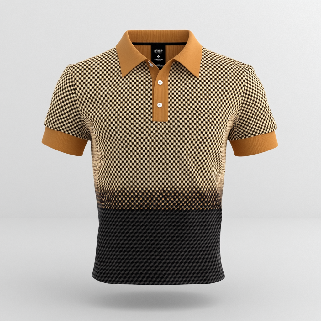 Polo in dark tan, black, light cream, 60s style.