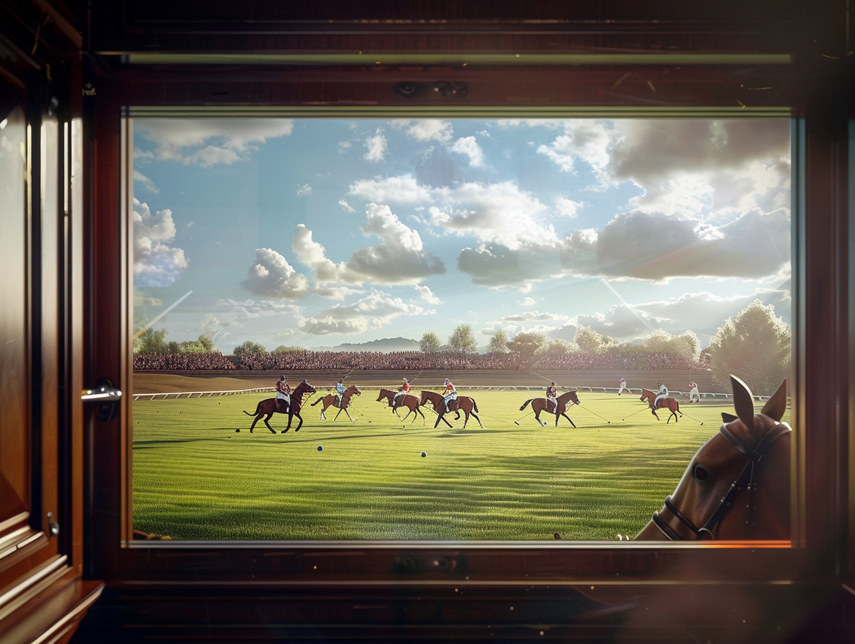 Polo match on horseback, vivid editorial advertisement.