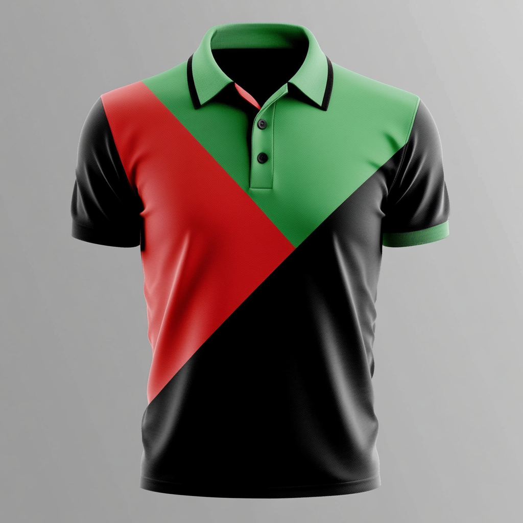 Polo shirt for boys with red, green, black design.