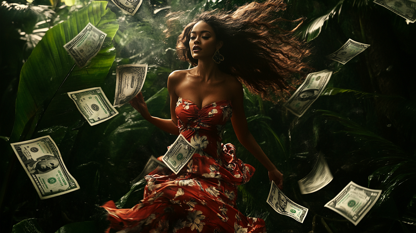 Polynesian woman in red dress walks through jungle.