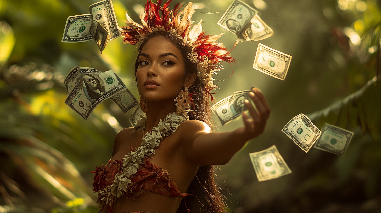 Polynesian woman with dollar bills in jungle, dramatic lighting.