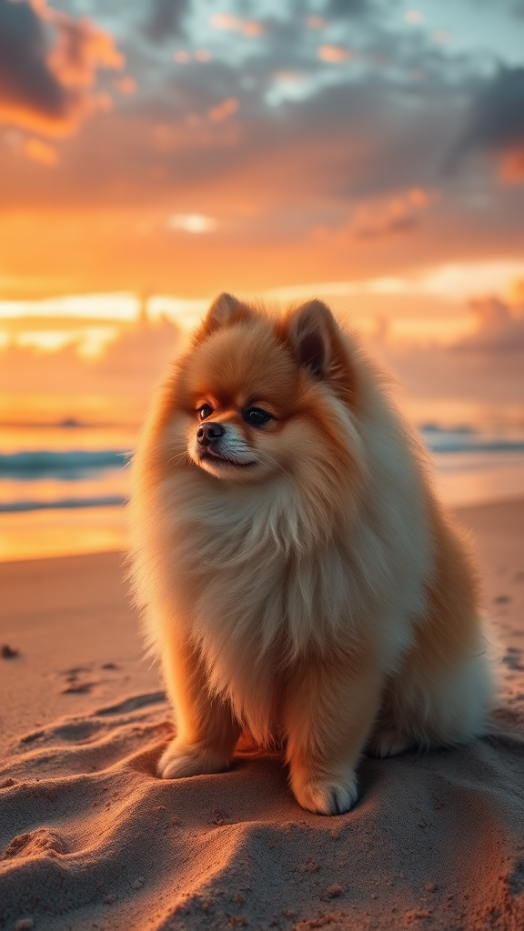 Pomeranian Dog Sitting on Sandy Beach at Sunset