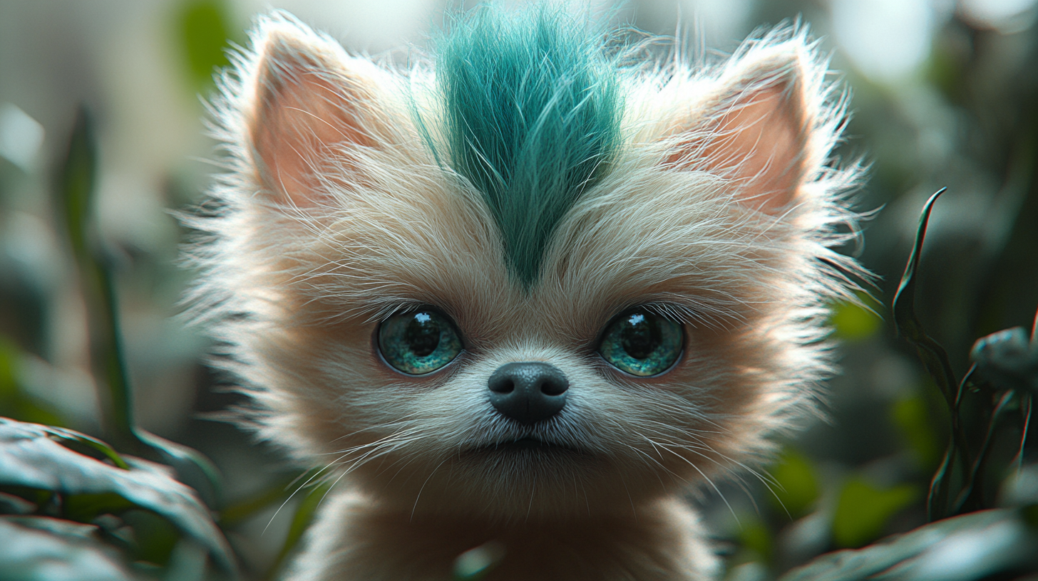 Pomeranian with a Green Mohawk in 3D.