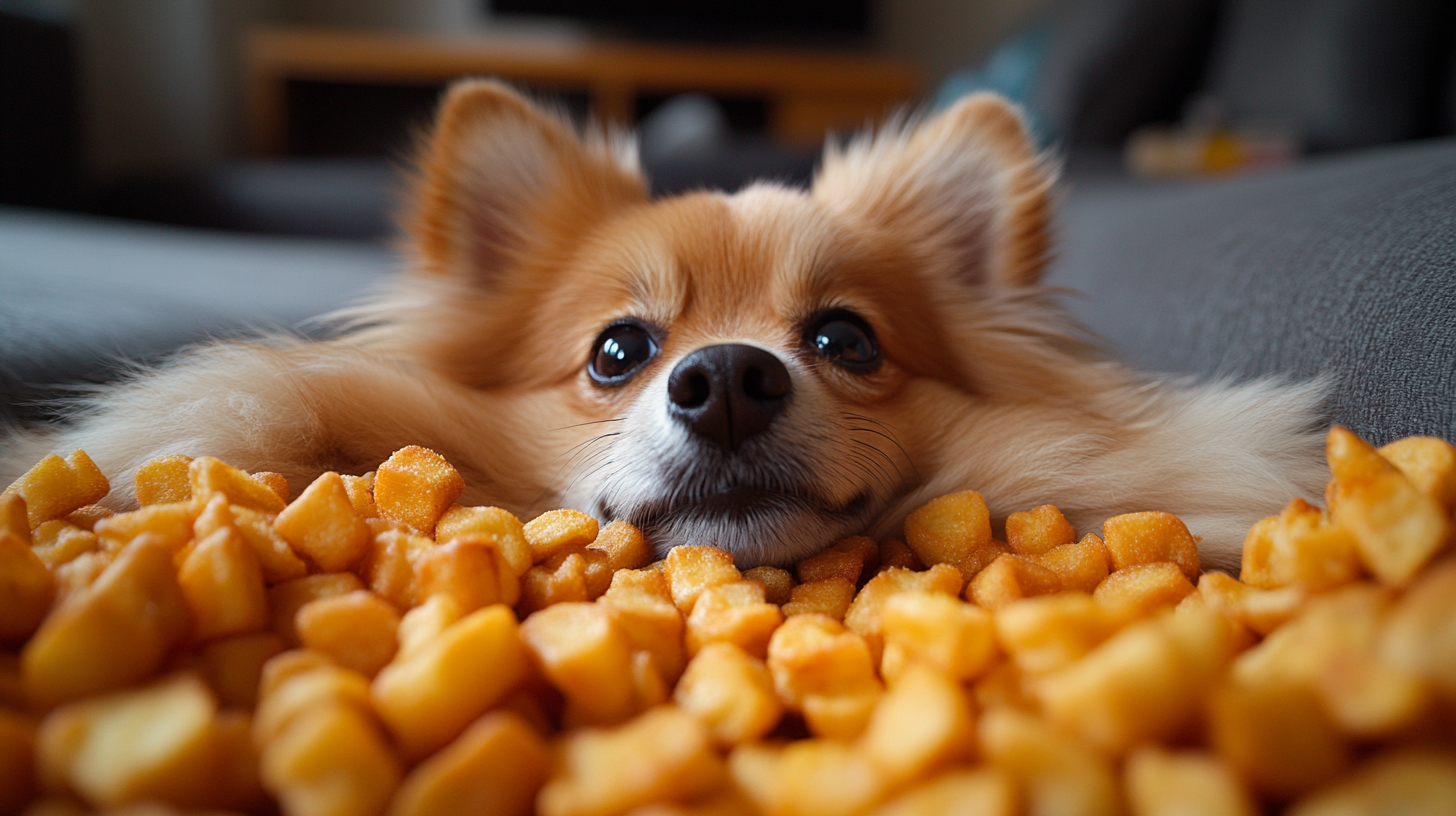 Pomeranian with white fur and fries in room.