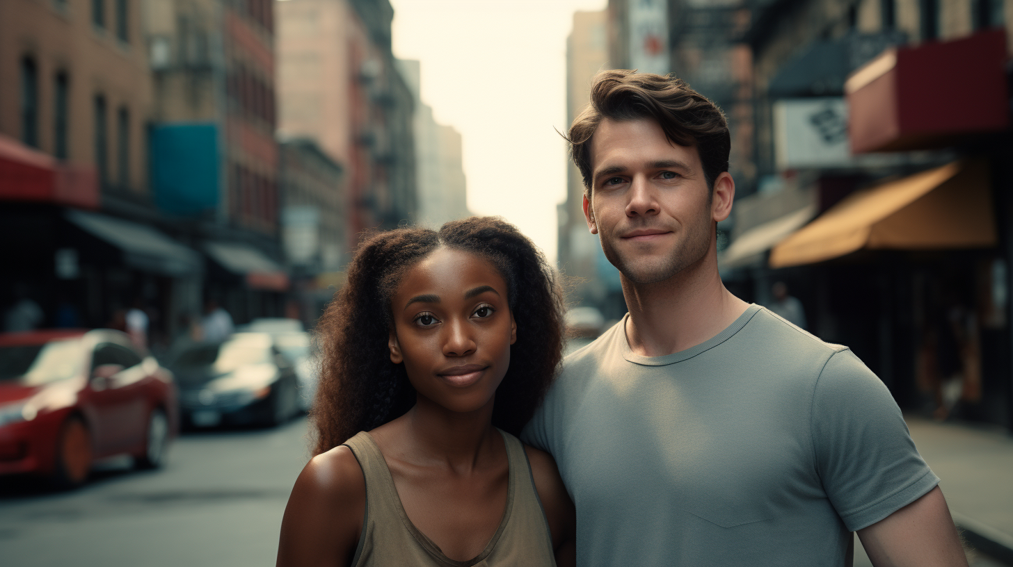 Poor black woman and white boyfriend in New York street.