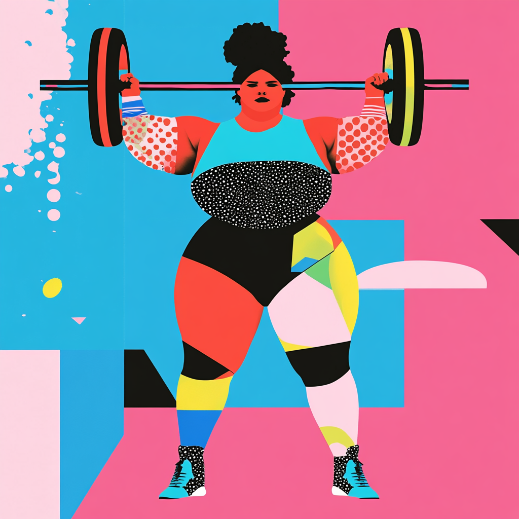 Pop art inspired minimalist collage of plus-size weightlifter.