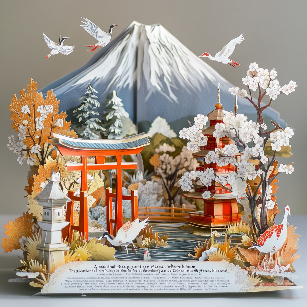 Pop-up paper art scene: Japan's Mt. Fuji, cherry blossoms.