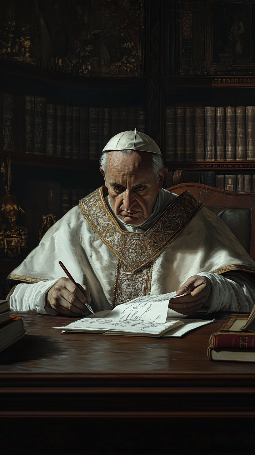 Pope Clement V Writing Serious Letter, 14th Century