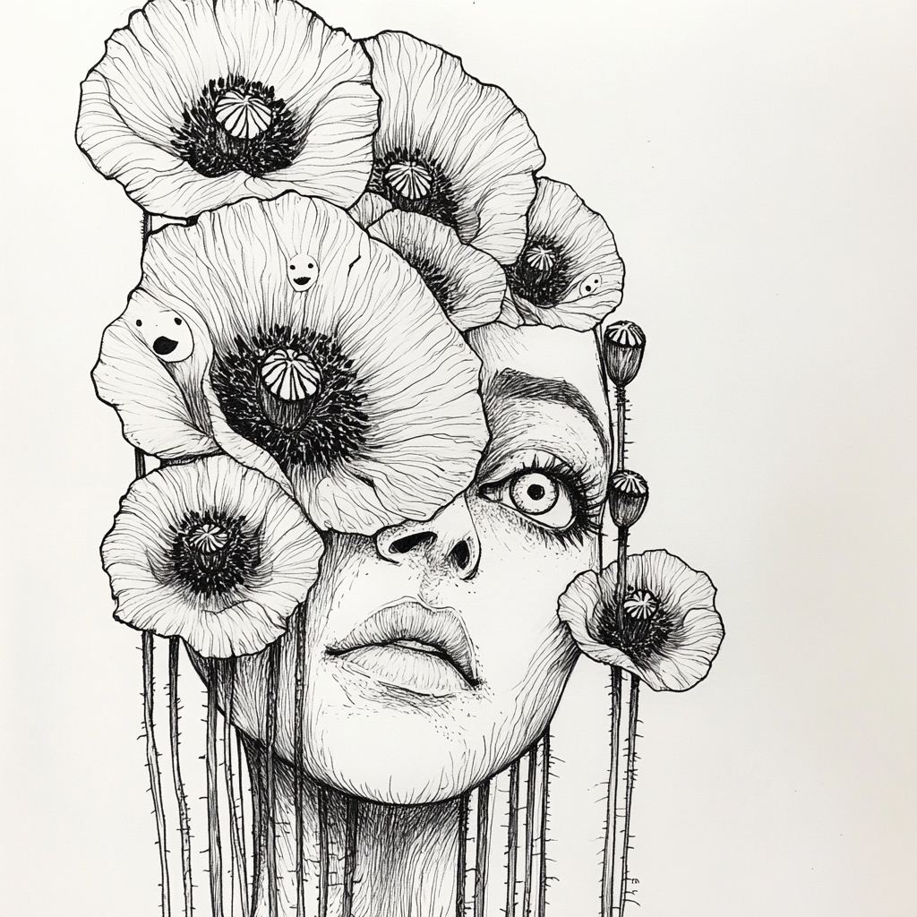 Poppy flowers with faces in Tim Burton style