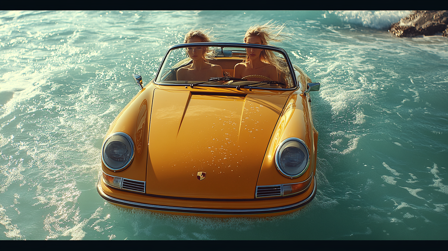 Porsche in pool, green fashion editorial, Stanley Kubrick.