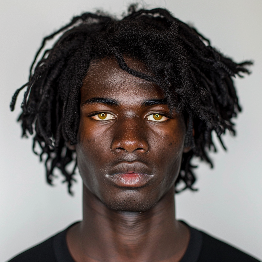 Portrait of Black English-Nigerian football player with long hair.