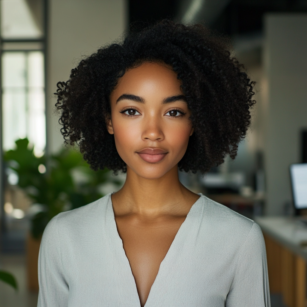 Portrait of Black woman in workspace with natural hair