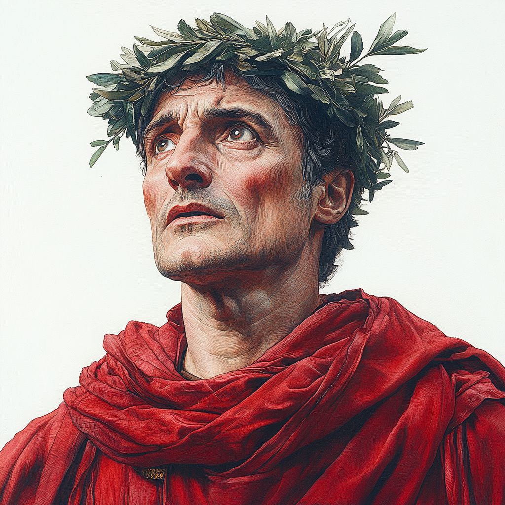 Portrait of Dante Alighieri in red robe and laurel wreath, serious expression.